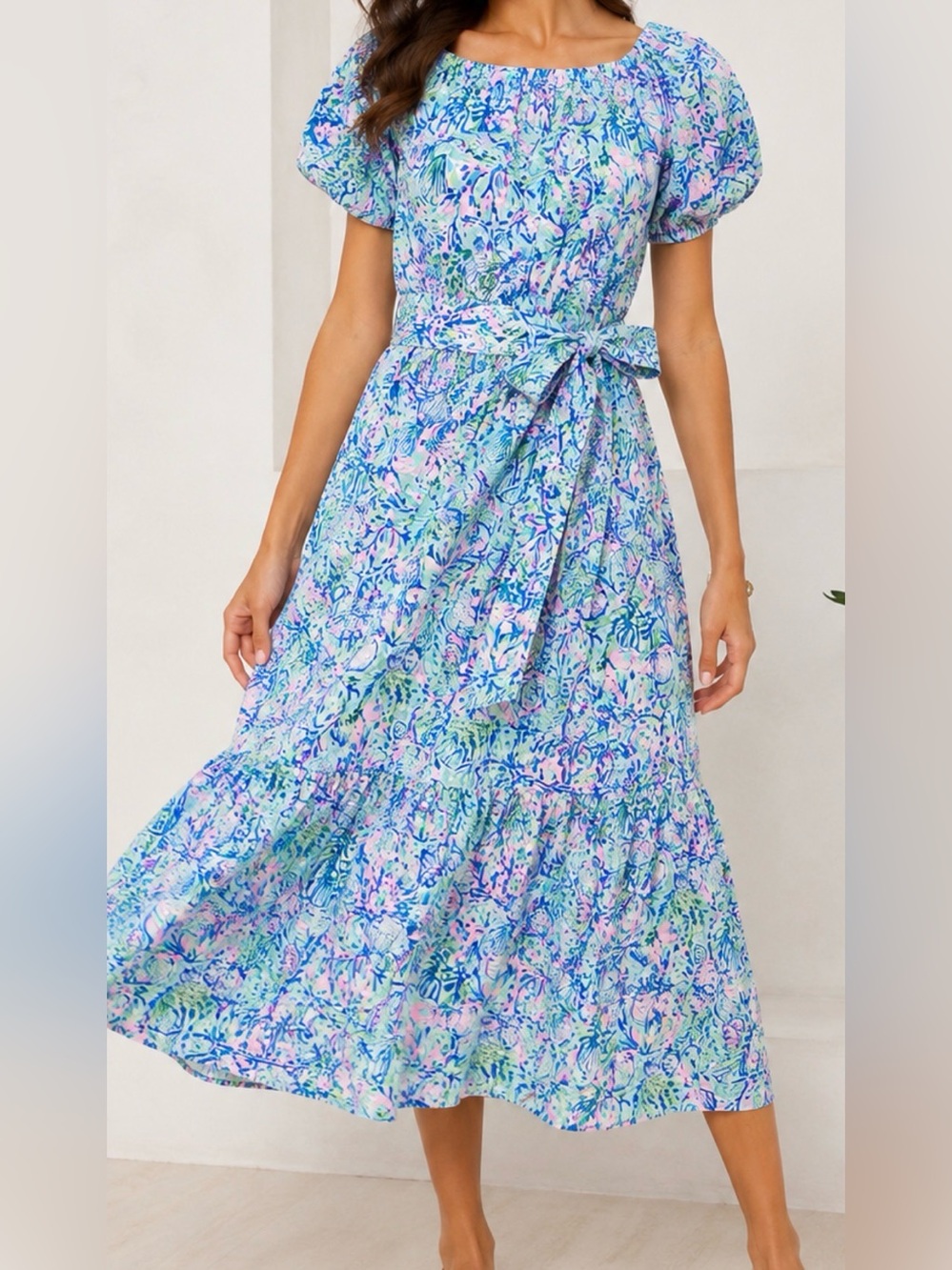 Lilly Pulitzer Blue, Mint & Pink Floral Puff-Sleeve Maxi Dress Size S PW2